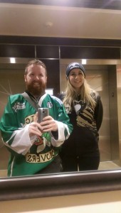 Jamie and Marie-Therese selfie in a Lobby in Pittsburgh, USA